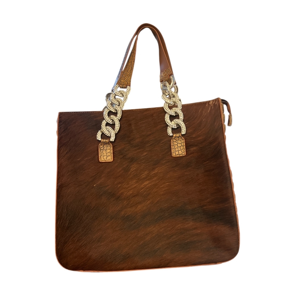 Raviani Brown Tote with Silver Chain Straps
